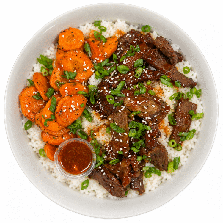 Korean BBQ beef bowl with rice and vegetables from Meals by Mel
